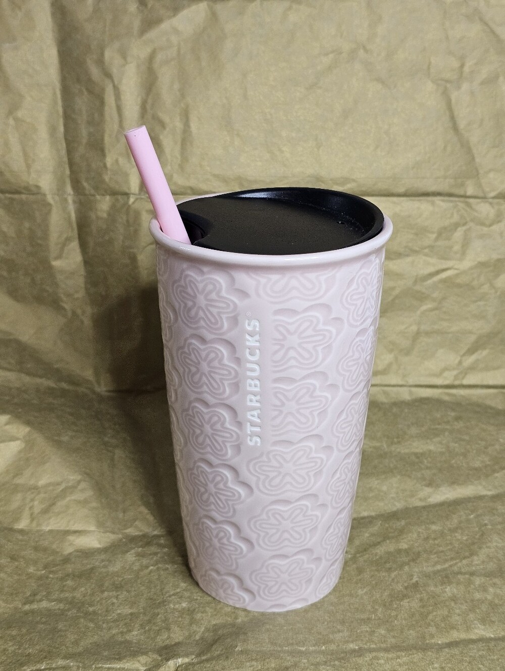 Starbucks Pink Sakura Cherry Blossom Embossed Double Wall Ceramic 10 oz Tumbler